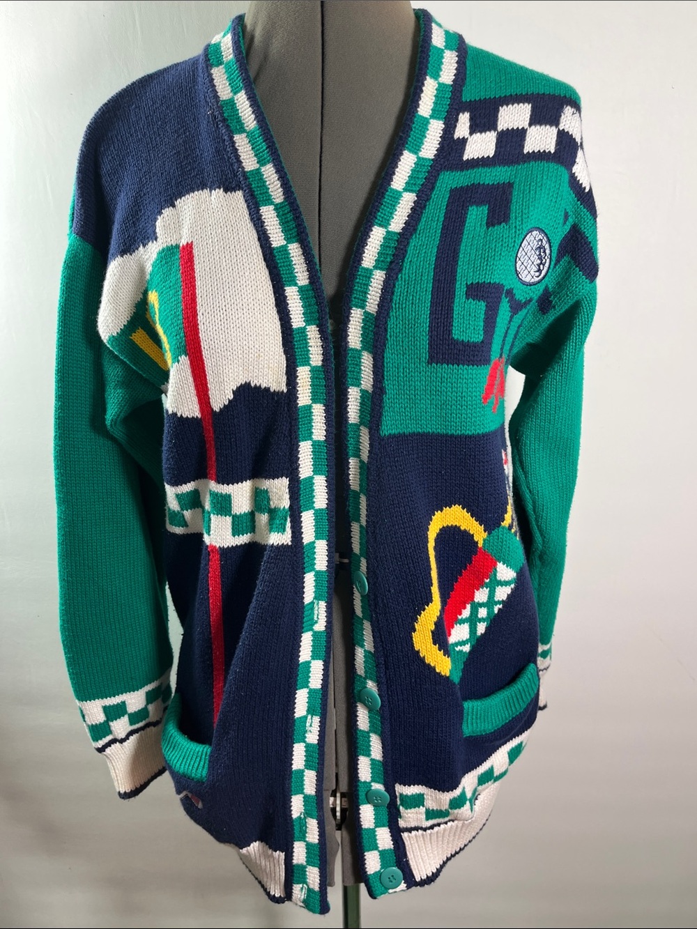 HKA golf themed knit cardigan sweater colorblock & golf graphic details size S